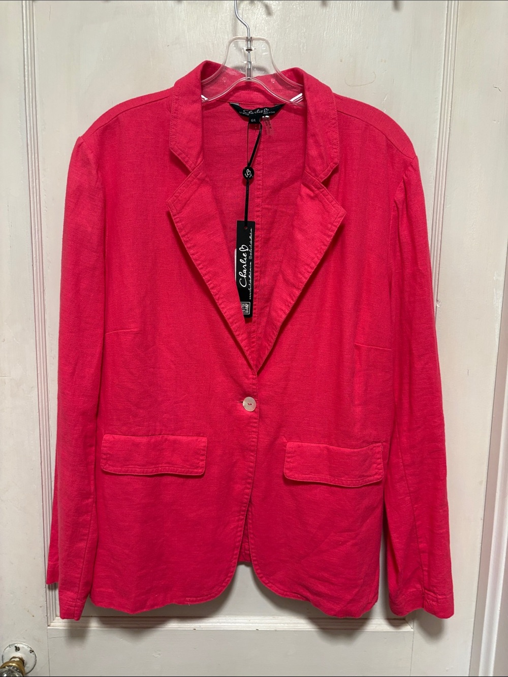 CHARLIE B Hot Barbie Pink Linen Blend Single-Button Blazer Large